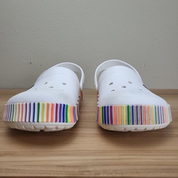 Crocs Mens White Rainbow Pride Round Toe Comfort Slip On Clog Shoes Size 11 - Picture 2 of 7
